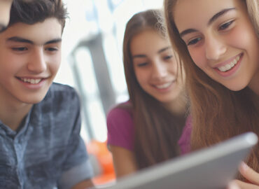 students engaged with digital content on a tablet