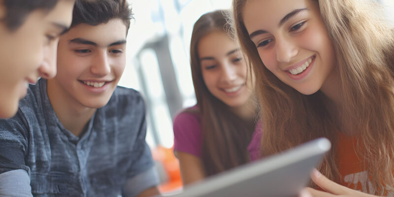 students engaged with digital content on a tablet