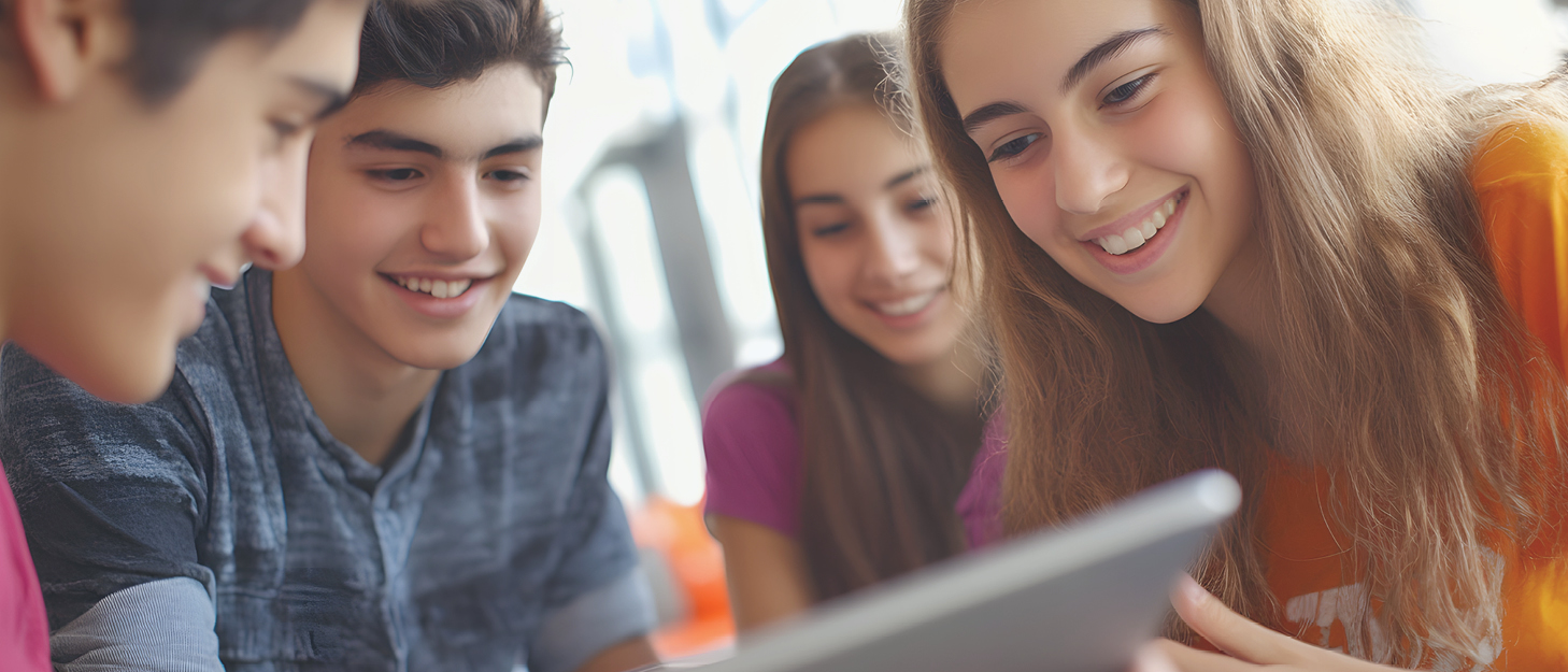 students engaged with digital content on a tablet